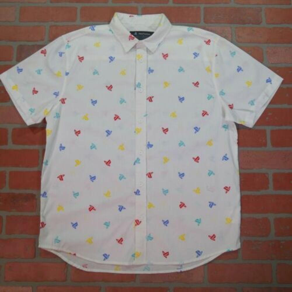 PlayStation Multicolor XL Logo Pattern White Short Sleeve Button Up Shirt